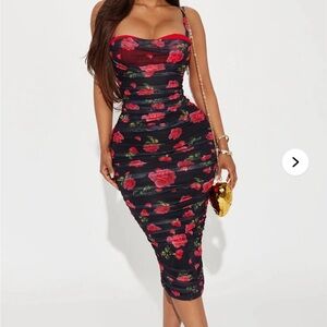 Fashion Nova - Rosalia Ruched Mesh Midi Dress - Black/Red